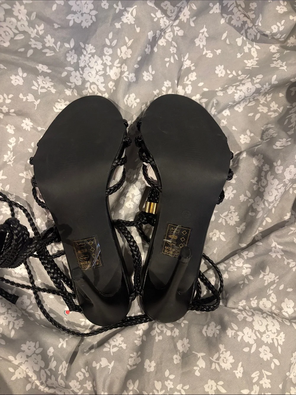 Fashion Nova Black Braided Lace-Up Heels with Gold Accents